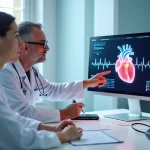 Cardiologista analisando exame do coração com paciente em consultório moderno
