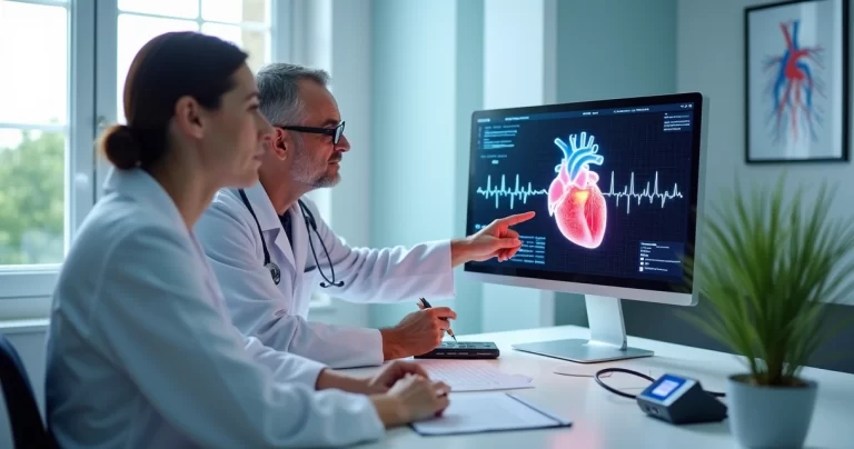 Cardiologista analisando exame do coração com paciente em consultório moderno