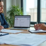 Empresária analisando documentos de plano de saúde empresarial com consultora em escritório moderno