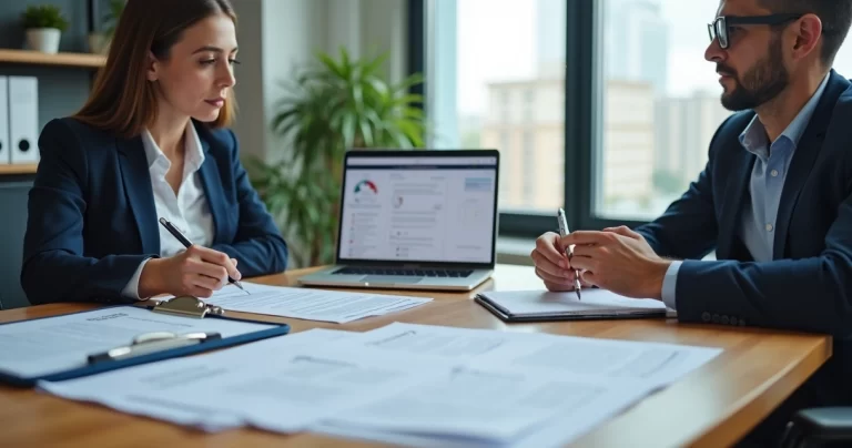 Empresária analisando documentos de plano de saúde empresarial com consultora em escritório moderno