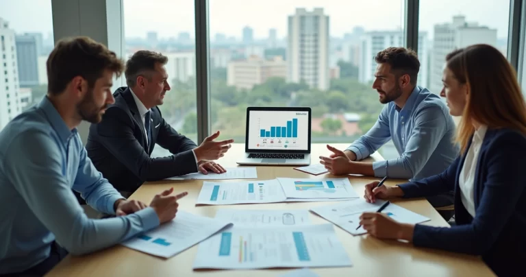 Reunião de pequenos empresários analisando opções de plano de saúde pme