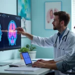 Neurologista explicando exame cerebral para paciente em consultório moderno