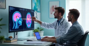 Neurologista explicando exame cerebral para paciente em consultório moderno