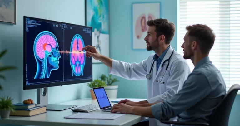 Neurologista explicando exame cerebral para paciente em consultório moderno