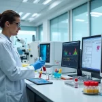 Patologista clínico analisando amostras em laboratório moderno de análises clínicas