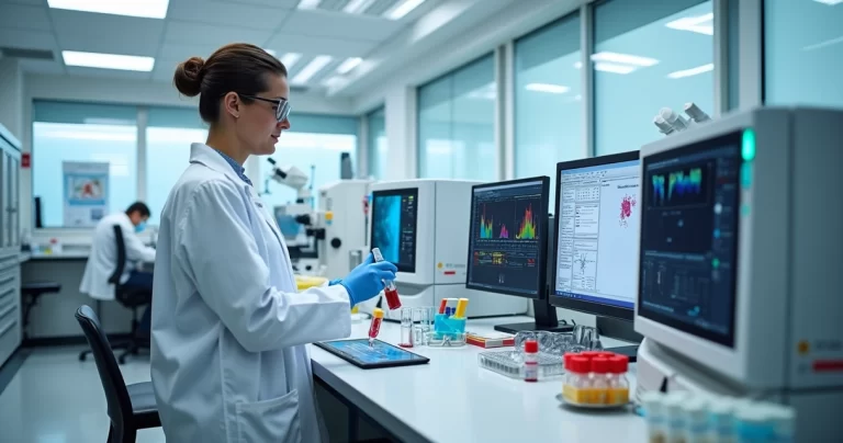 Patologista clínico analisando amostras em laboratório moderno de análises clínicas