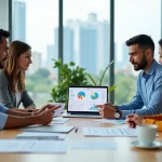 Gestor de pequena empresa analisando opções de plano de saúde PME com equipe em escritório moderno