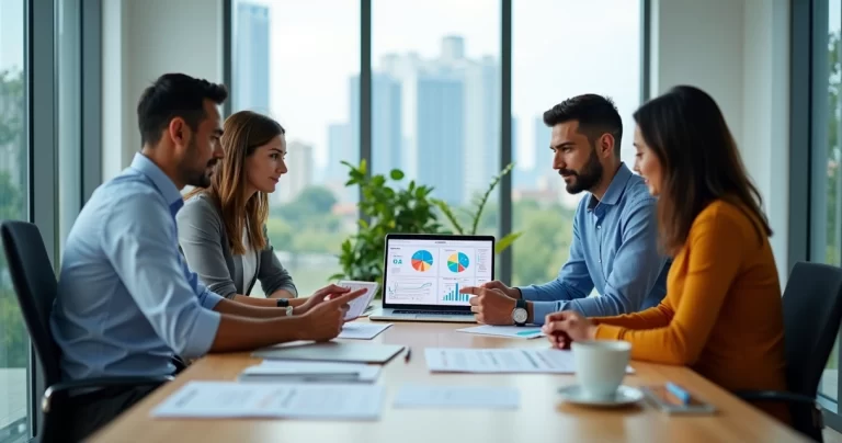 Gestor de pequena empresa analisando opções de plano de saúde PME com equipe em escritório moderno