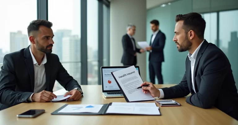 Profissional de RH explicando carência do plano de saúde empresarial a novo contratado em escritório