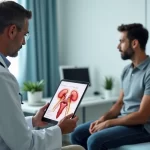 Médico urologista mostrando em tablet o sistema urinário para paciente em consultório