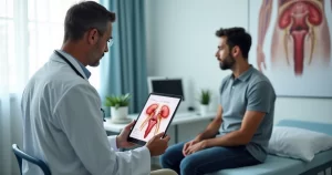 Médico urologista mostrando em tablet o sistema urinário para paciente em consultório