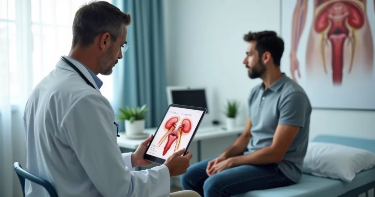 Médico urologista mostrando em tablet o sistema urinário para paciente em consultório